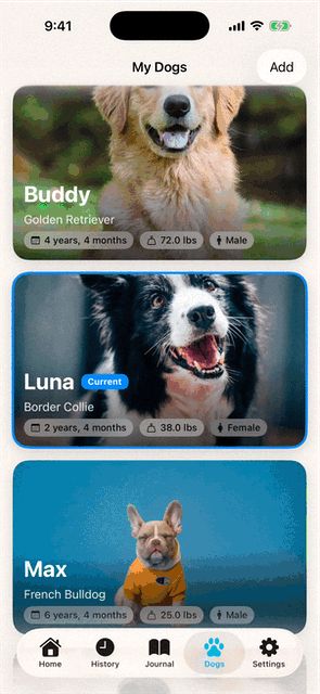 My Dogs screen showing multiple dog profiles with Buddy, Luna and Max