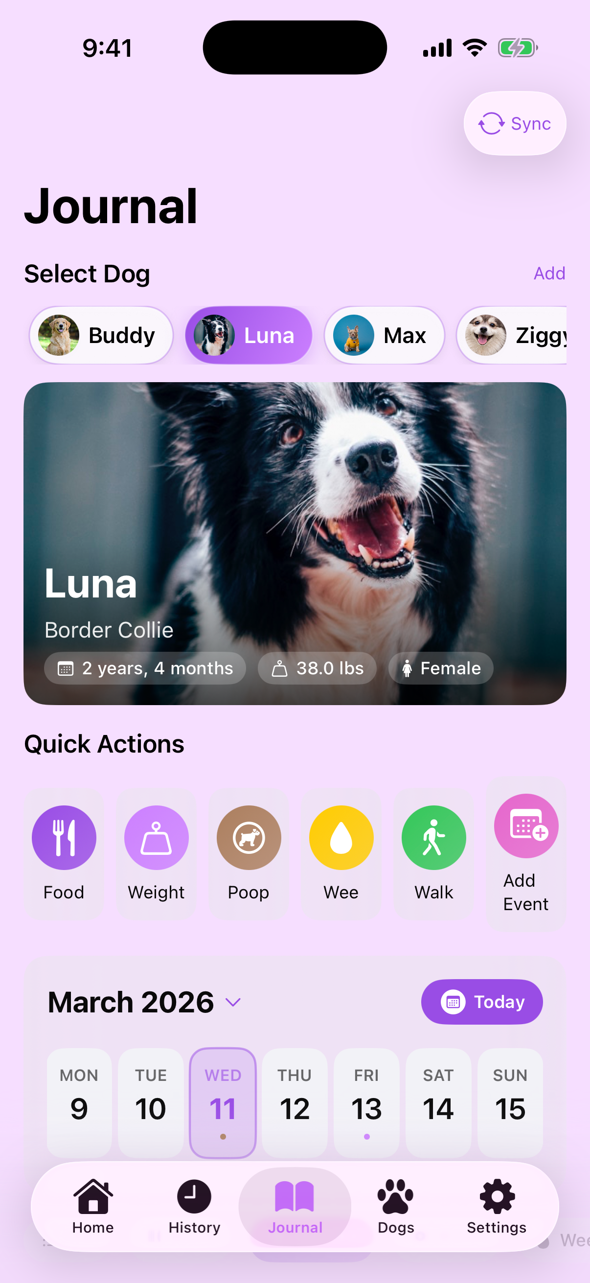 Journal screen showing Luna's profile with quick actions and calendar