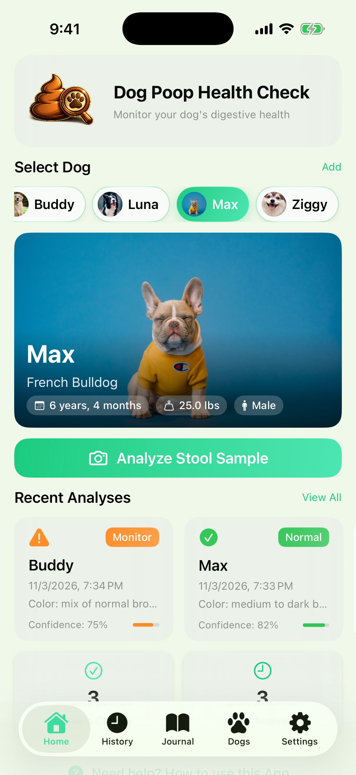 App home screen with AI stool analysis and dog profiles