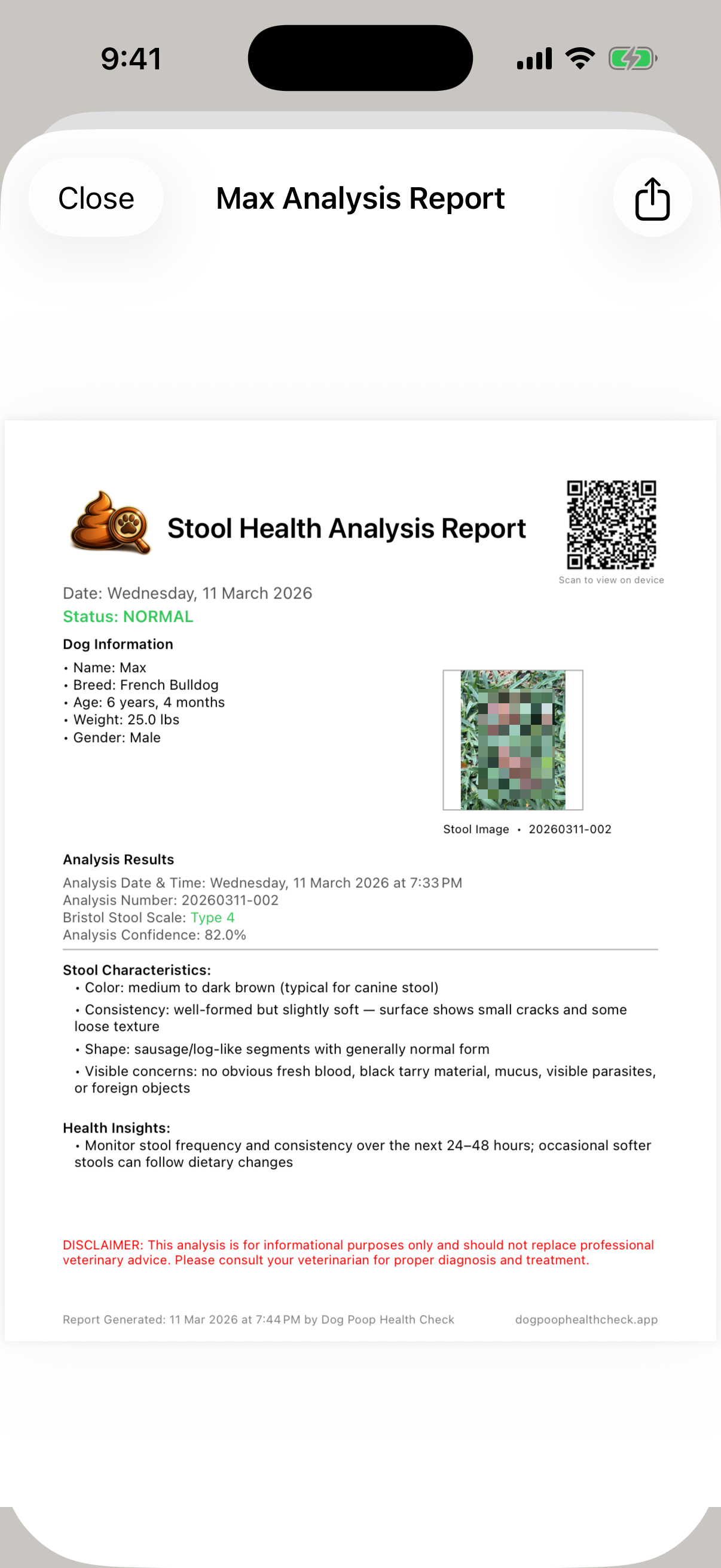 Professional stool health analysis report with detailed results