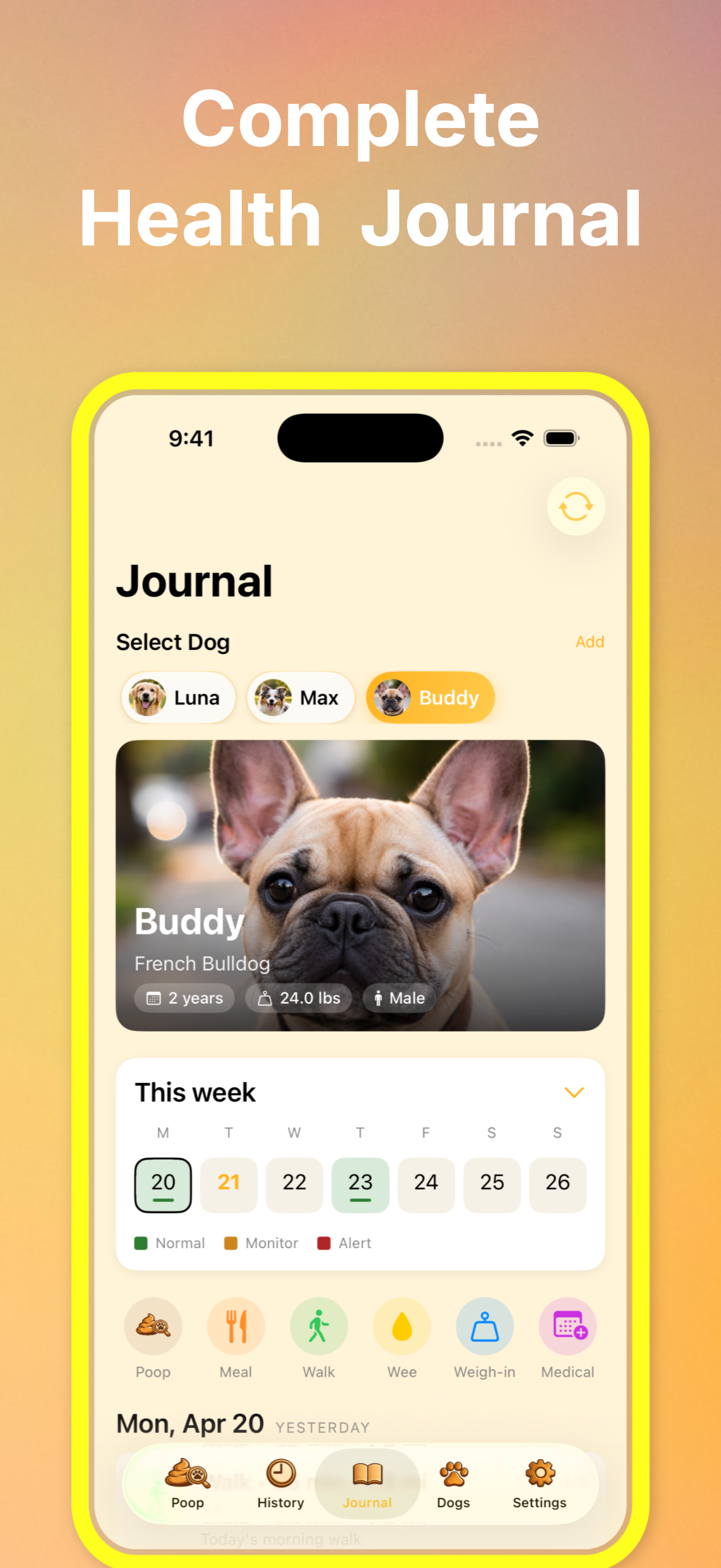 Complete Health Journal with week calendar and quick actions